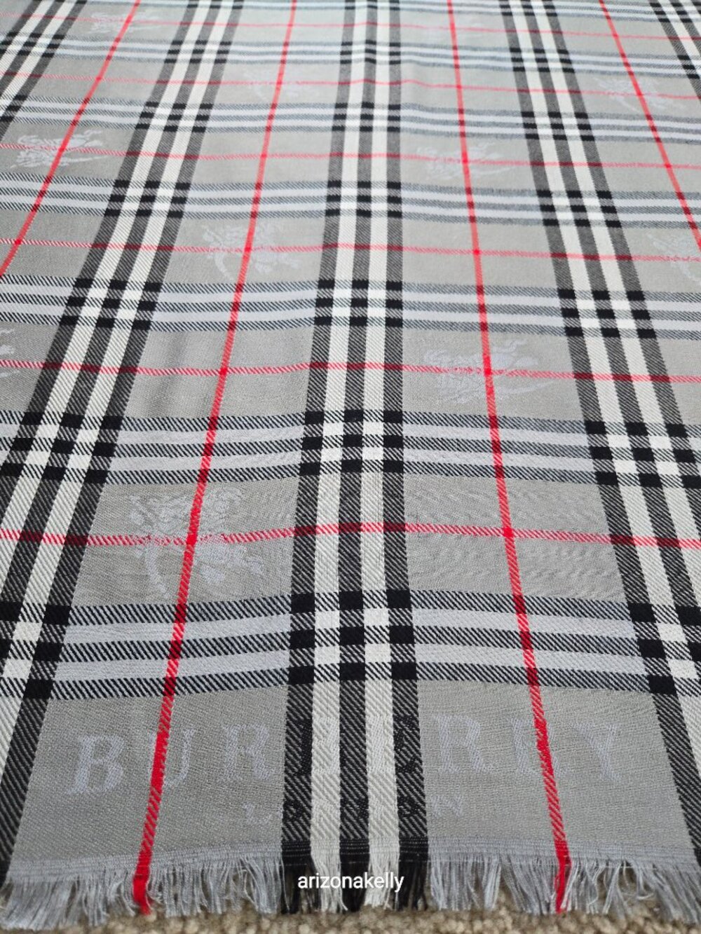 Burberry Grey Nova Check Plaid Scarf With Jacquard Branding & Equestrian Knight - Picture 7 of 13